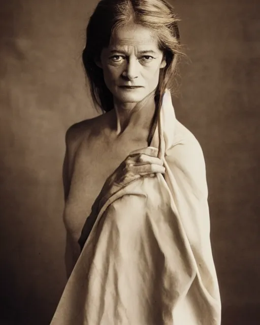 Image similar to The beautiful young actress Charlotte Rampling as the greek Fate Clotho, one of the weavers of Destiny, photographed in the Style of Annie Leibovitz , studio lighting