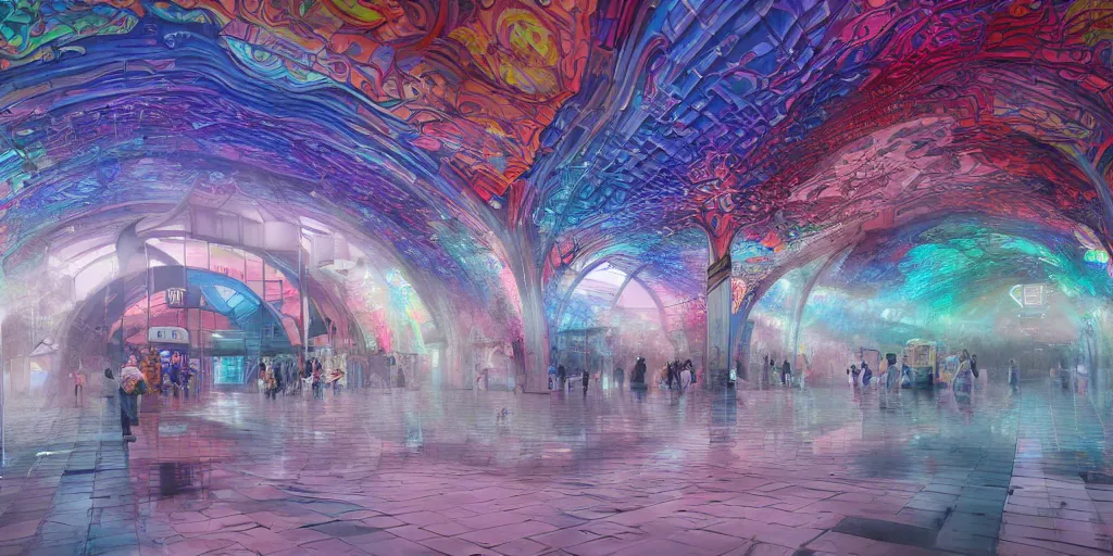 Prompt: an insanely intricate photo of a metro station full of insane detailed colorfull smoke fluid, clean architecture, pastel colored, intricate detailed 3 d render, hyper realistic intricate acrilic fluid art, intense colors, wide shot, octane render, concept art, daylight, peaceful, 8 k