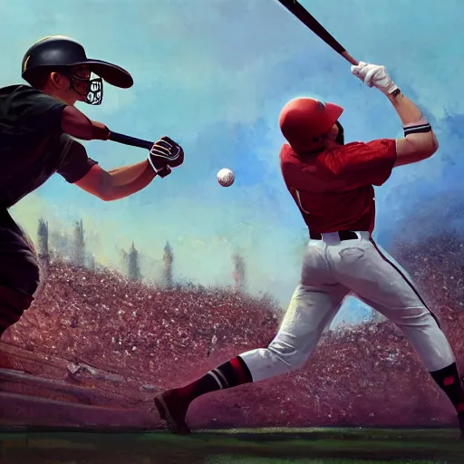 Image similar to baseball player hitting the ball with the baseball bat in the middle of the game and in front of everyone in the stadium, james gurney painting style, greg rutkowski, artstation