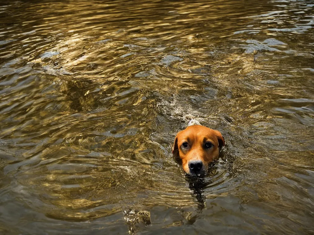 Prompt: a dog!!!!!!!!!!!! looking!!!!! down!!!!!, reflection!!!!! in water, ripples, small stream, beautiful!!!!!! photograph, golden hour, high resolution, national geographic