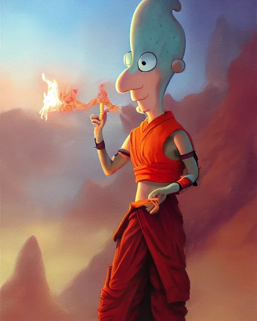 Image similar to [ [ squidward ] ] wearing fire nation clothing and practicing firebending outside at susnset, oil painting, highly [ detailed ], intricate, hd, sharp focus, photorealistic, by moebius and greg rutkowski, trending on artstation, trending on cgsociety, realistic shading and lighting