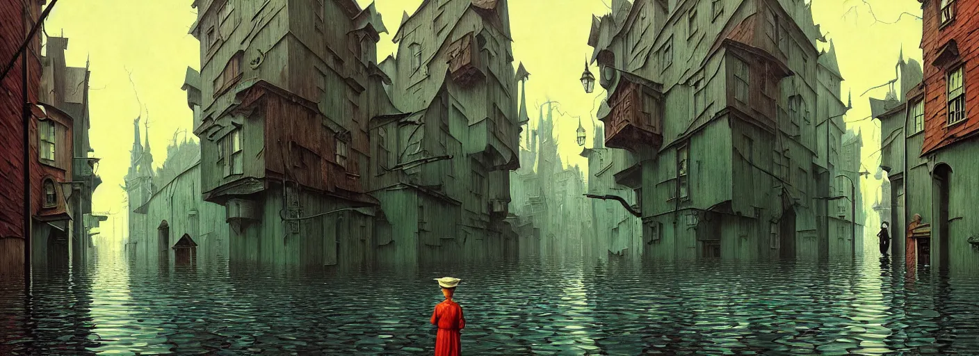 Prompt: flooded! old dark scary wooden empty cursed city street, very coherent and colorful high contrast masterpiece by gediminas pranckevicius rene magritte norman rockwell franz sedlacek, full - length view, dark shadows, sunny day, hard lighting, reference sheet white background