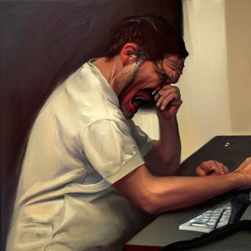 Image similar to an angry man yells at his computer monitor, oil on canvas, highly detailed, high resolution