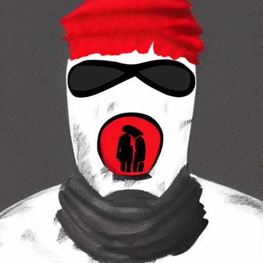 Image similar to sketch of a short stocky buff guy in a plain black t - shirt and cargo shorts, wearing a red ski mask over his entire face, black ski goggles, detailed, dramatic lighting, artstation