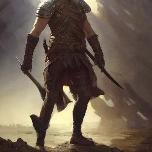 Image similar to Ranger marching toward the viewer, male, muscular, blue eyes!!!!, straight nose!!!, detailed face, exposed thighs!!!, fantasy, medieval, highly detailed, painting by greg rutkowski