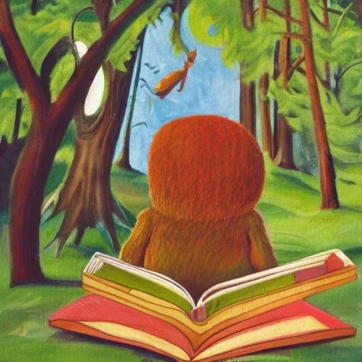 Image similar to monster reading a book in a forest, where the wild things are, bicycle nearby, oil on canvas, calm