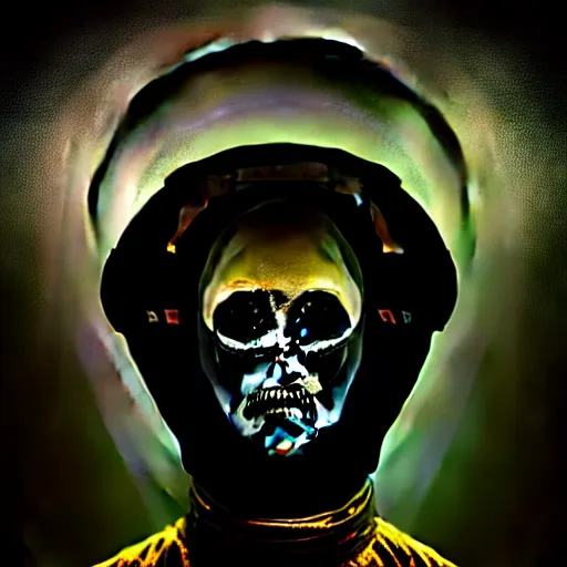 Image similar to full-body dark creepy baroque style oil painting realism a decapitated astronaut with futuristic elements. he welcomes you under with no head, empty helmet inside is occult mystical symbolism headless full-length view. standing on ancient altar eldritch energies lighting forming around disturbing frightening intricate renaissance, award winning digital illustration hyper realism, 8k, depth of field, 3D