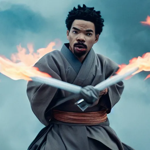 Image similar to cinematic film still of Chance The Rapper starring as a Samurai holding fire, Japanese CGI, VFX, 2022, 40mm lens, shallow depth of field, film photography