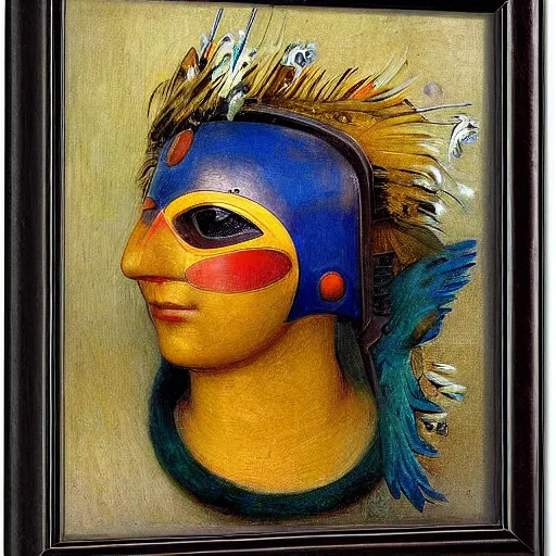 Prompt: the young robot with her feathered bird mask, by annie swynnerton and diego rivera and elihu vedder, symbolist, dramatic lighting, elaborate geometric ornament, head and shoulders view, art brut, soft cool colors, smooth, sharp focus, extremely detailed, adolf wolfli