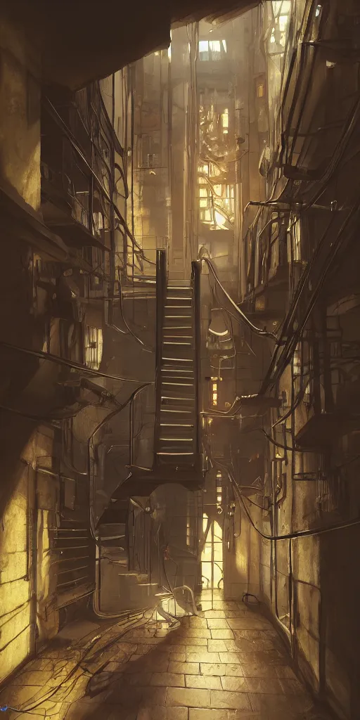 Image similar to a cellar staircase, cyberpunk style, digital painting, concept art, smooth, sharp focus, hyperrealistic, illustration, artstation trending, octane render, unreal engine, ambient light, dynamic lighting, magical, dark vibes, Cyberpunk 2077