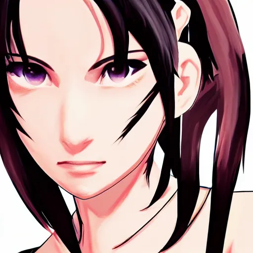 Image similar to digital art of tifa lockhart with pink eyes, trending on artstation