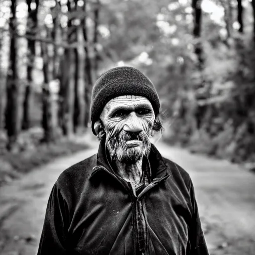 Prompt: Portrait of an aged mushroom seller with a haunted expression and a wrinked gaunt face. Deep shadows and highlights. f/2.8 ISO 1600. Shutter speed 1/60 sec. Lightroom.