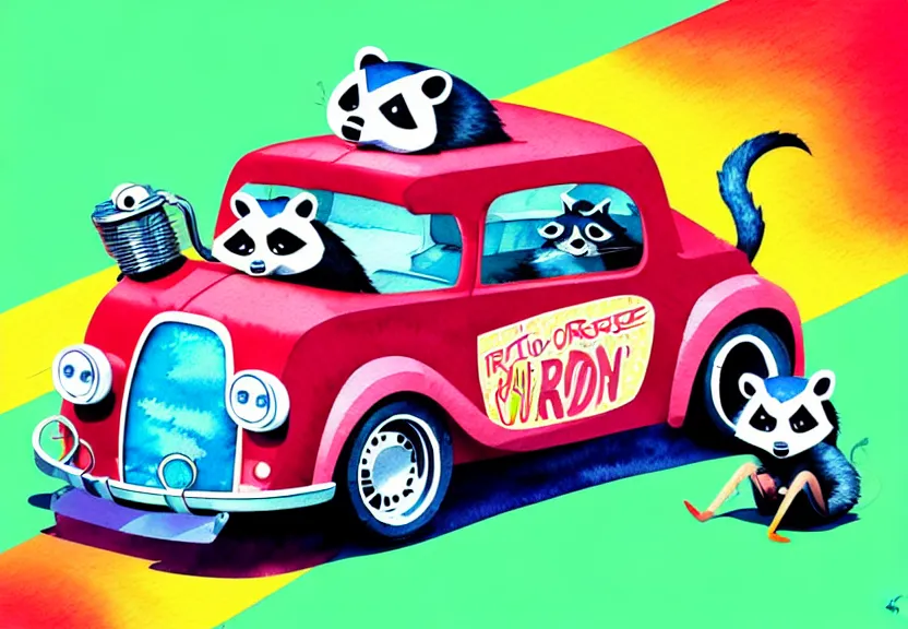 Image similar to cute and funny, racoon riding in a tiny hot rod coupe with oversized engine, ratfink style by ed roth, centered award winning watercolor pen illustration, isometric illustration by chihiro iwasaki, illustration overlay by beeple