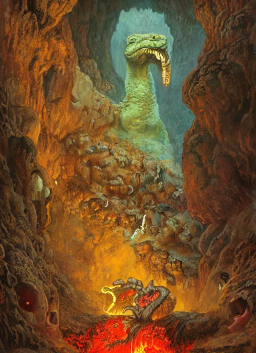 Image similar to monster in lava cave, by lawrence alma - tadema and zdzislaw beksinski and norman rockwell and jack kirby and tom lovell and greg staples, artstation creature art