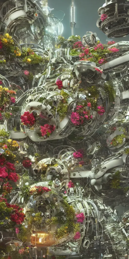 Prompt: a lovely mechanical cornucopia of flowers, sci-fi futuristic, utopian, machine parts, wires, circuits, highly detailed, octane render, cinematic