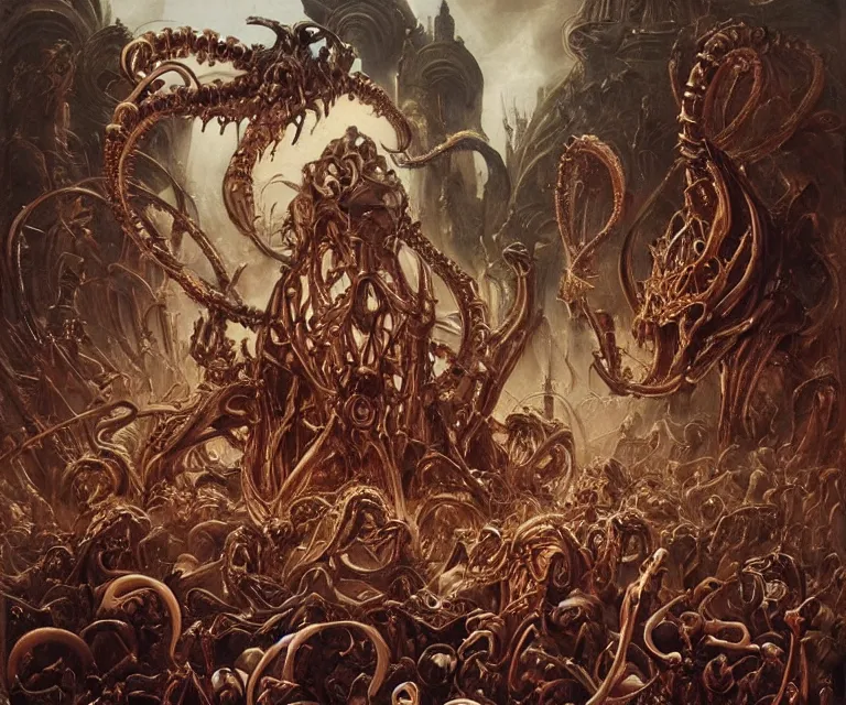Prompt: elegant renaissance painting of biomechanical warhammer final boss bodybuilder vecna battle, art by bruce pennington and peter mohrbacher, epic biblical depiction, flesh and bones, fangs, teths and tentacles, corpses and shadows!