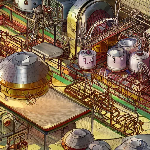 Prompt: fineline painting of an isometric steampunk strawberry jam factory, colour pallette of strawberry shortcake, incredible detail, vray render subsurface scatter drum scanner, intricate complexity, golden ratio, cartoon animation pendleton ward, karol bak, 8 k detail