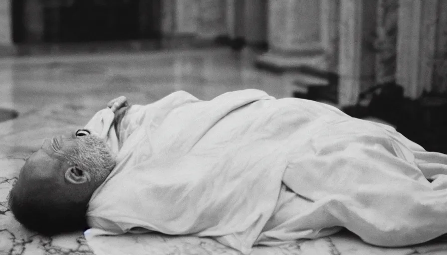 Prompt: 1 9 6 0 s movie still close - up of chrysippus in a hysterical laugh on the floor in a neoclassical marble room, cinestill 8 0 0 t 3 5 mm, high quality, heavy grain, high detail, texture, dramatic light, anamorphic, hyperrealistic, detailed beard