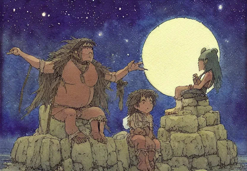 Image similar to a simple watercolor studio ghibli movie still fantasy concept art of a giant native american man sitting on a tiny stonehenge in the ocean. it is a misty starry night. by rebecca guay, michael kaluta, charles vess