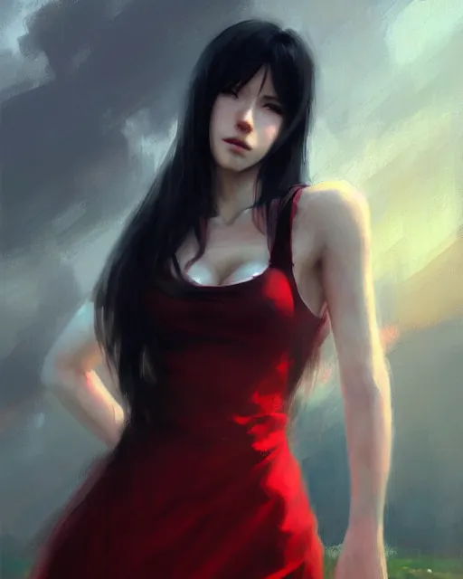 Image similar to tifa lockhart in a red cottagecore dress, portrait, illustration, rim light, top light, overcast cloudy weather, perfectly shaded, soft painting, art by krenz cushart, william turner and wenjun lin