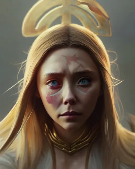 Image similar to azctec warrior, elizabeth olsen, detailed perfect face, exquisite details, fire magic, mid view, design on a white background, by studio muti, greg rutkowski makoto shinkai takashi takeuchi studio ghibli