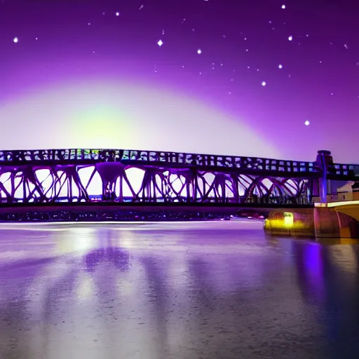 Prompt: bridge in the shape of Mickey mouse purple night sky