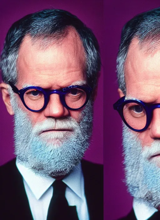 Image similar to platon closeup photograph of david letterman in a purple suit, photorealistic, studio lighting, ektachrome, detailed, intricate, face detail