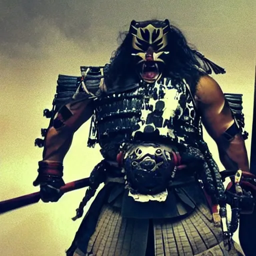 Image similar to big buff very strong very buff samurai wearing a cybernetic oni mask, hd movie still