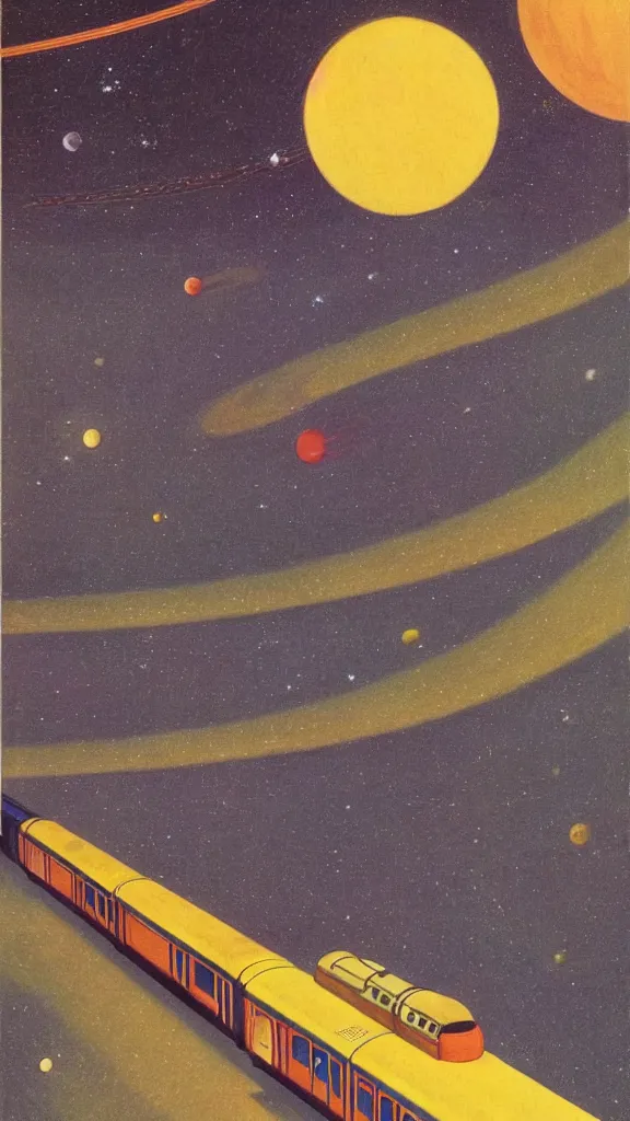 Image similar to a train traveling through a solar system, planet, galaxy, stars, 1950s art deco, retrofuturism, edward hopper