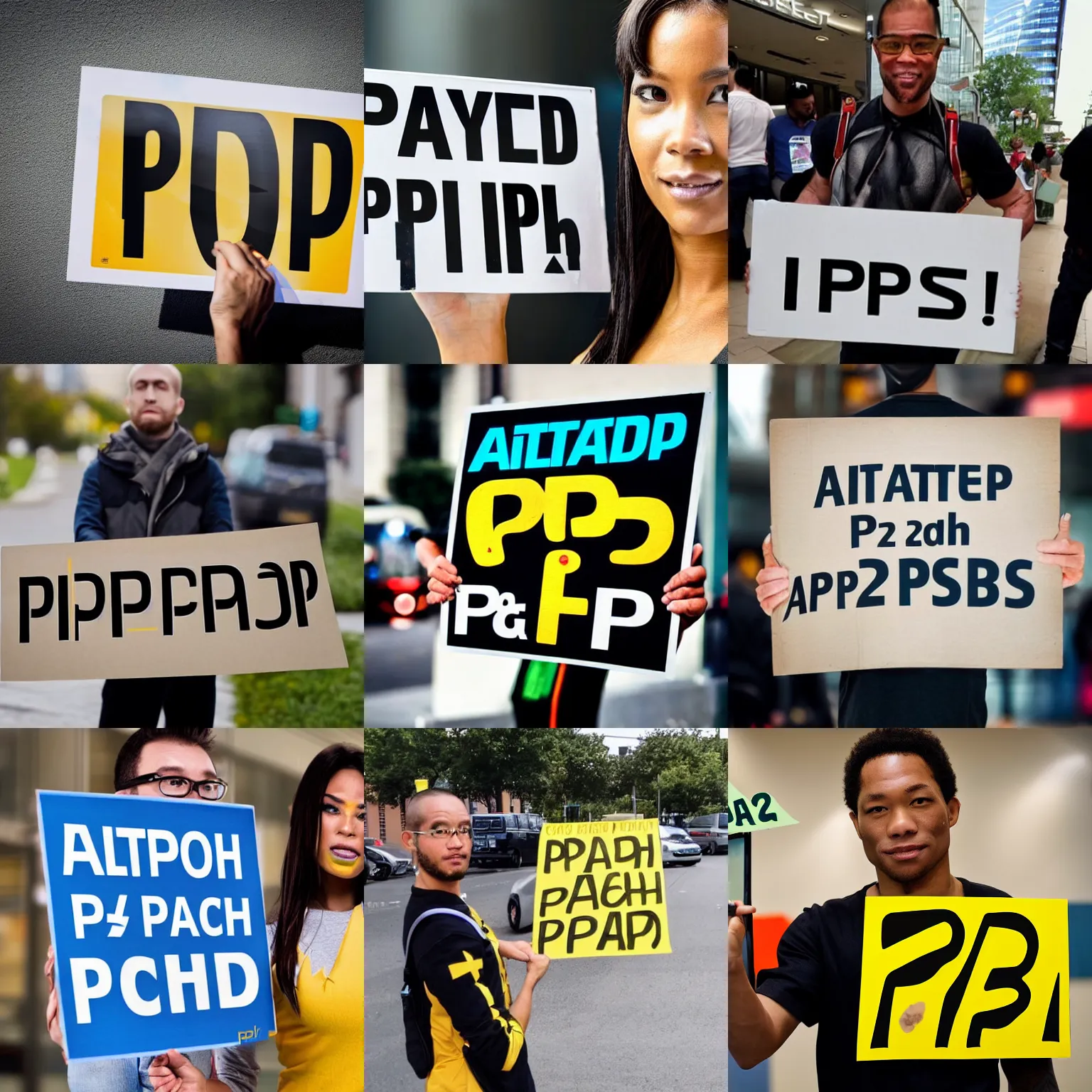 Prompt: <picture quality=hd+ mode='attention grabbing'>Cyborg holding a sign that says 'p2pcash'</picture>