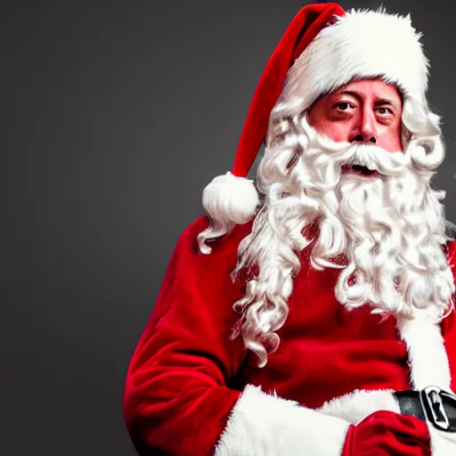 Image similar to portrait of dave grohl as santa claus, studio lighting, dramatic lighting, clear photography, high quality studio photography. 8 k cinematic colors