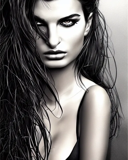 Prompt: Sin city Emily Ratajkowski digital illustration portrait design by, Mark Brooks and Brad Kunkle detailed, gorgeous lighting, wide angle action dynamic portrait