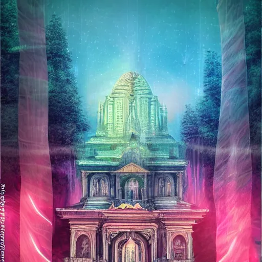 Prompt: mystical realistic poster with shaded lighting by arjun brooklyn radiant light, detailed and complex environment, solace, beautiful, utopic city in the sky with many buildings and temples reflecting an older ancient city on the ground with old growth pine trees, overlaid sacred geometry, with implied lines, gradient of hot pink and neon baby blue