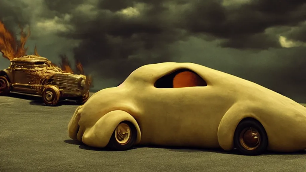 Image similar to the creature drives a hot rod, made of wax and water, film still from the movie directed by Denis Villeneuve with art direction by Salvador Dalí, wide lens