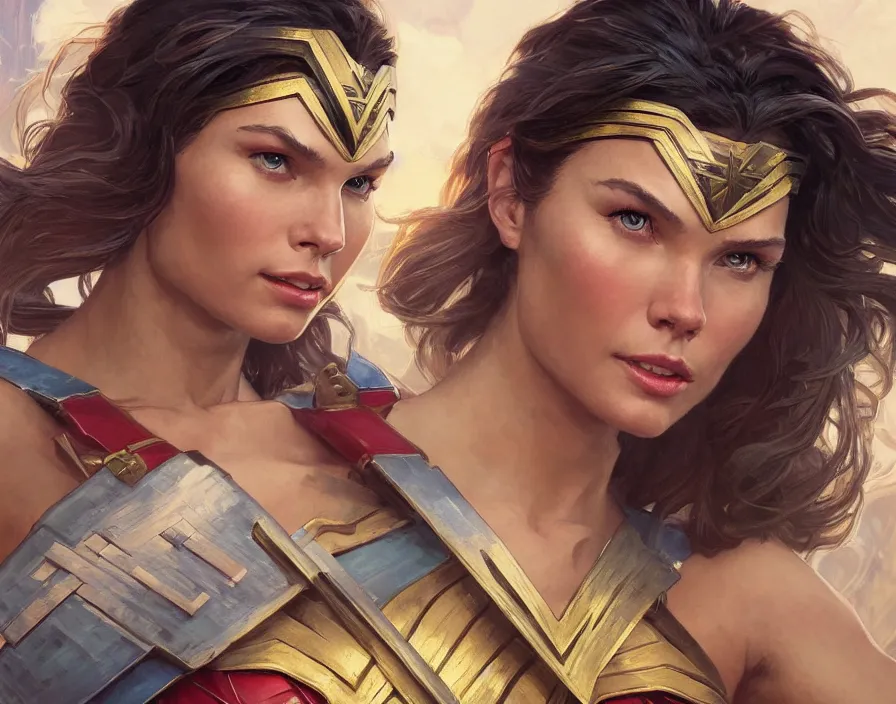 Image similar to portrait of Josie Canseco as wonder woman tv show by Stanley Artgerm Lau , greg rutkowski, thomas kindkade, alphonse mucha, loish, norman rockwell. Trending on artstation rule of thirds detailed illustration hd 4k