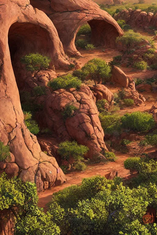 Image similar to beautiful utah desert, rock arcs, lush vegetation, landscape, alex ross, eddie mendoza, raphael lacoste, sebastian ludke, concept art, matte painting, highly detailed, rule of thirds, dynamic lighting, cinematic, detailed, magnificiant landscape, denoised, centerd