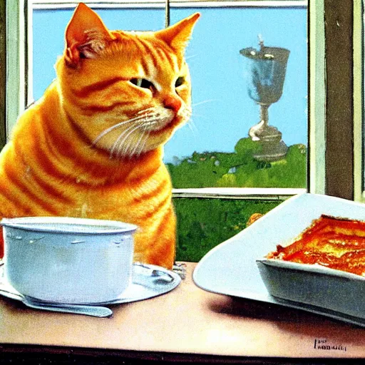 Image similar to fat orange tabby cat eating lasagna on a table, afternoon, norman rockwell, neighborhood outside window