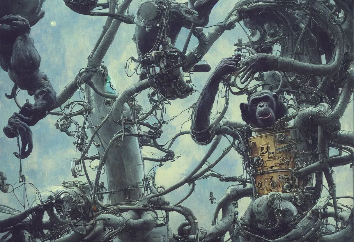 Prompt: a chimpanzee in an astronaut suit drinking a beer while floating in space, by daniel - by greg rutkowski and raymond swanland hr giger and zdzislaw beksinski and alphonse mucha and moebius, matte painting, hyperdetailed, symmetry, art nouveau, beautiful render, concept art