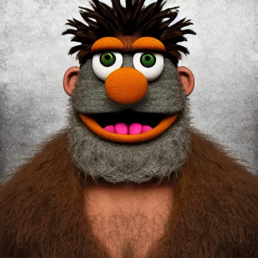 Image similar to a still of a forgotten muppet character looking very manly and modern, hilarious, laughing, hairy chest, huge chin, manly monster tough guy, roughled fur, photo real, photographic, photograph, artstation, trending, featured