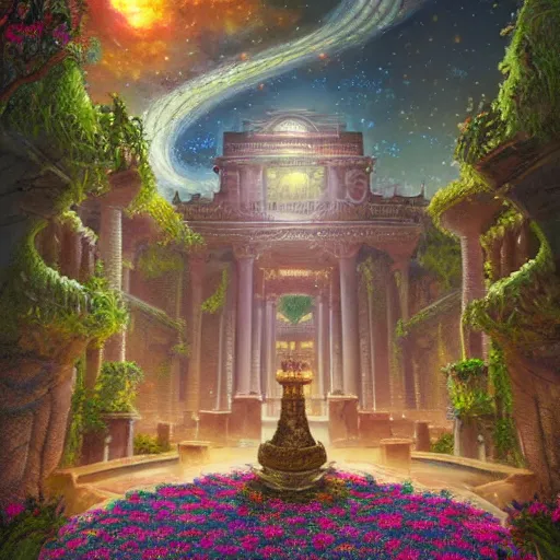 Image similar to beautiful highly detailed digital illustration of a celestial palatial garden with pillars of light towering above. by Andreas Rocha, colorful nebula in the night sky, stars, flowers and vines and creepers, establishing shot, cinematic, architecture, artstation HQ, HD, 8k resolution, featured in art magazine