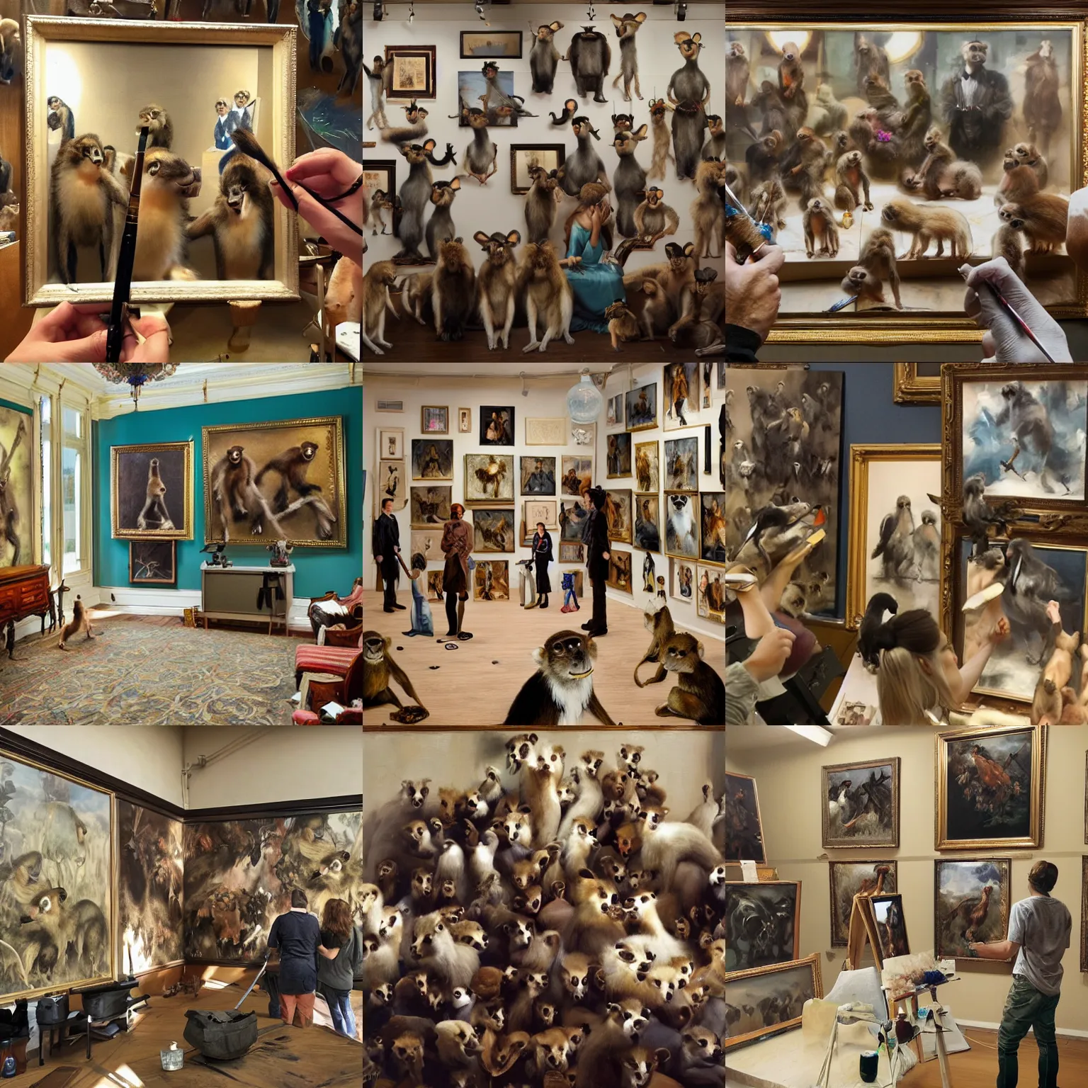 Prompt: room full of taxidermy monkeys painting by artgerm, jeremy lipkin and michael garmash and rob rey