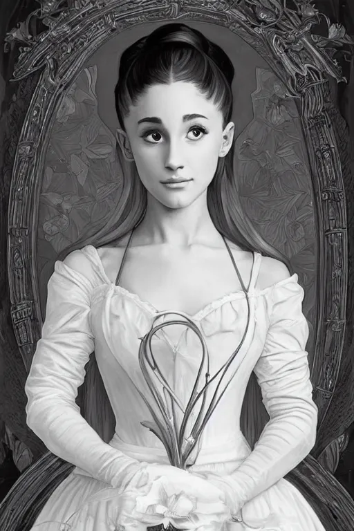 Image similar to beautiful cottagecore Ariana Grande holding a white colored vase. intricate, elegant. the background is black and white !. highly detailed, digital painting, artstation, concept art, smooth, sharp, focus, illustration. . art by artgerm and greg rutkowski and alphonse mucha