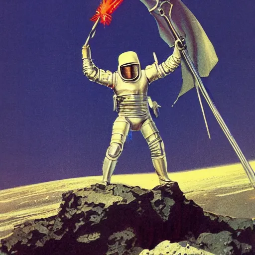 Image similar to crusader knight in armor standing on the moon, vintage sci - fi art, by bruce pennington