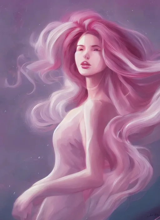 Image similar to digital painting, full body portrait, dynamic poses, anime face, glowing woman, pink and grey clouds, flowing hair, by lois van baarle, by loish, trending on artstatio