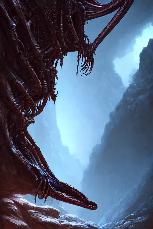 Image similar to alien xenomorph on a cave, close - up portrait, intricate, elegant, volumetric lighting, scenery, digital painting, highly detailed, artstation, sharp focus, illustration, concept art, luis rollo, ruan jia, steve mccurry, john berkey