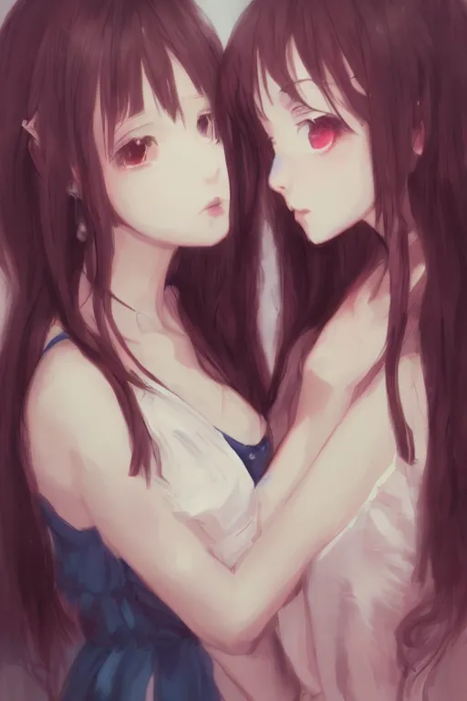 Image similar to portrait of two girls kissing, anime, drawn by WLOP, trending on Artstation