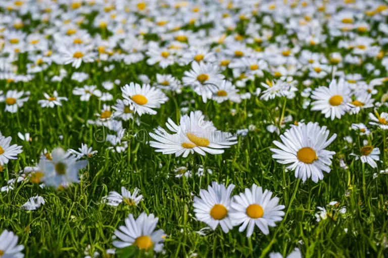 Image similar to spoon all by itself in the middle of a large field of daisies, sunny day, stock photography, 4k photorealistic,