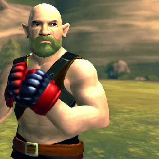 Prompt: character screenshot of bald ufc dana white, npc, ocarina of time, field, 3 6 0 p, bokeh, legend of zelda, detailed, dialog text