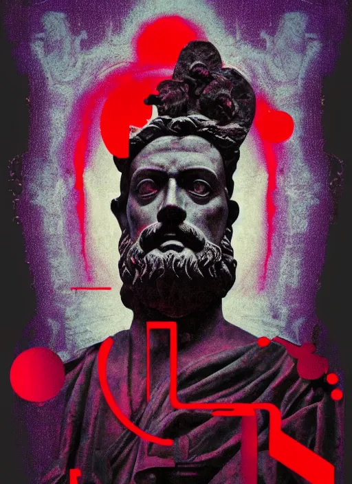 Image similar to design poster showing a statue of marcus aurelius, black background with very subtle red and purple design elements, powerful, nekro, graphic design, collage art, thin lines, dark, glitch art, neo vaporwave, gritty, layout frame, square, trending on artstation