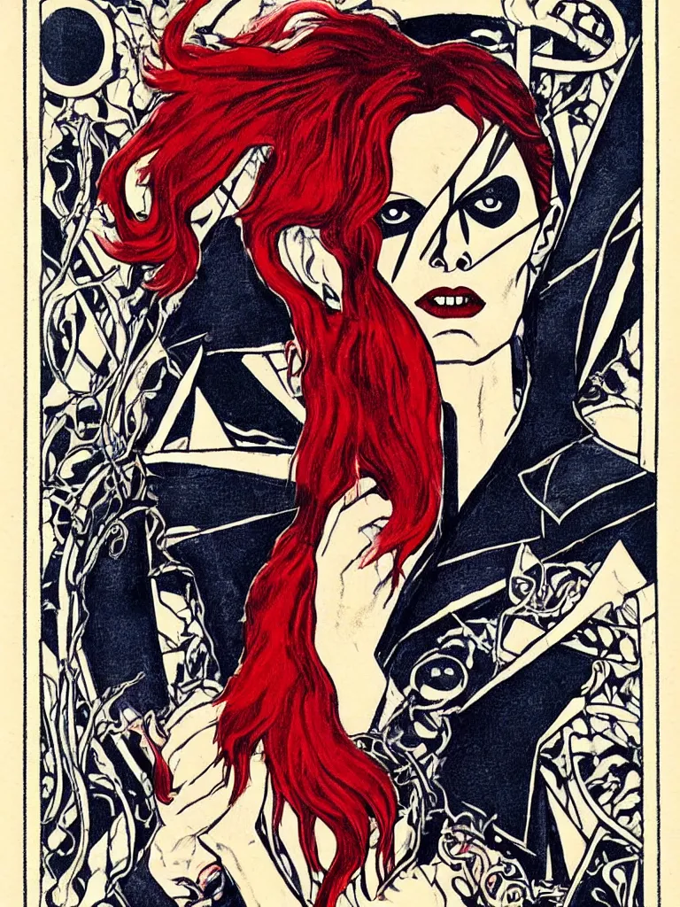 Prompt: art nouveau, David Bowie, one single figure, tarot card, vampire, sharp teeth, leather jacket, jeans, long red hair, full body